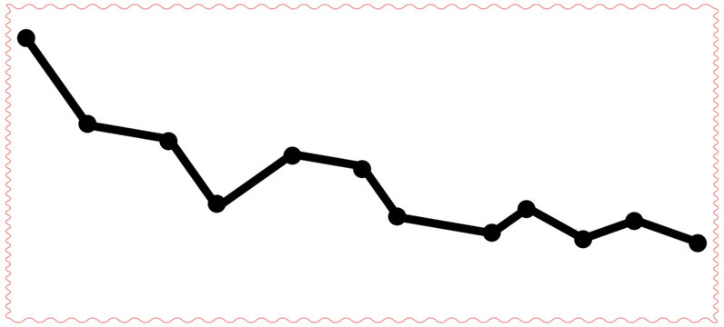 A simplified black line graph with connected dots displays a downward trend over time against a clean white background inside a wavy pink border Vector