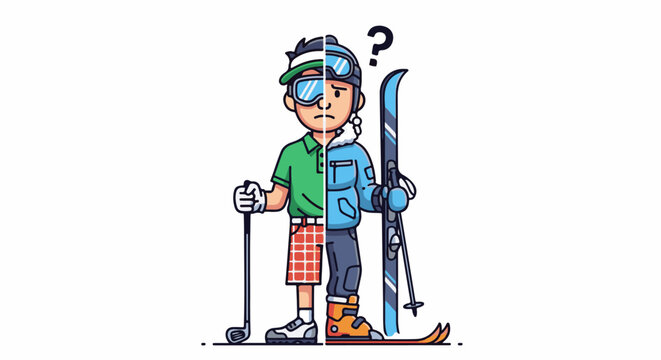 Cartoon person divided, choosing between golf and skiing