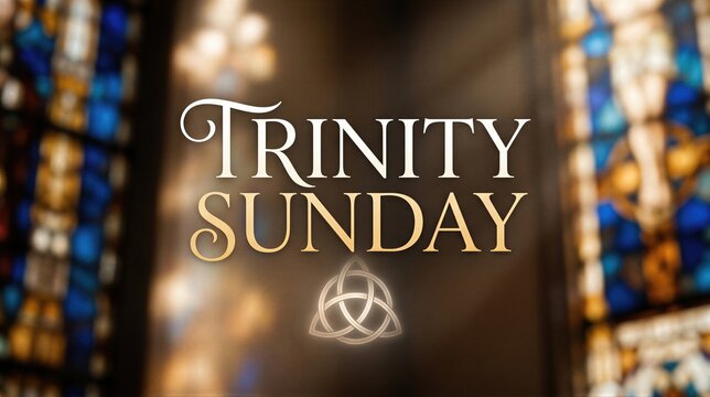 Trinity Sunday text with triquetra symbol over blurred stained glass. Christian holiday religious banner. Decorative worship design for church event, spiritual celebration and faith.