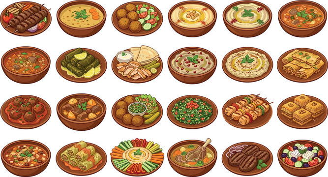 Traditional Middle Eastern and Arabic Food Vector Icon Set with Delicious Kebab Hummus Falafel Shawarma and Baklava for Restaurant Menu Designs