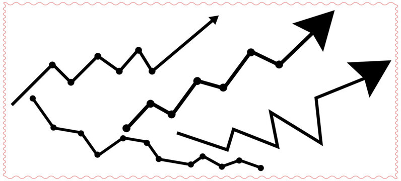 Multiple abstract line graph illustrations with upward and downward trends showing progress and decline isolated on transparent background Vector