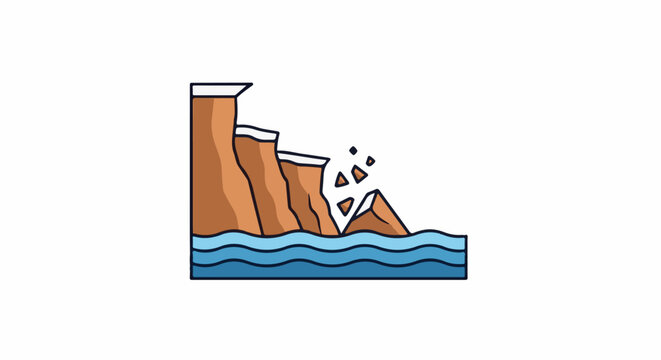 Cliff erosion showing falling rocks into wavy blue water