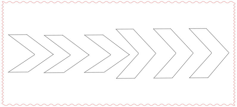 Six progressive dashed chevron arrows pointing rightwards on a white background with a wavy border Vector
