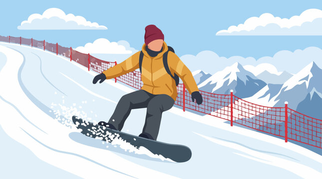 Flat illustration of a person snowboarding down a snowy mountain slope