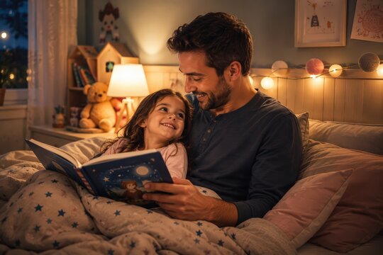 Father reading bedtime story to daughter in cozy bedroom evening routine parenting family bonding childhood book night light