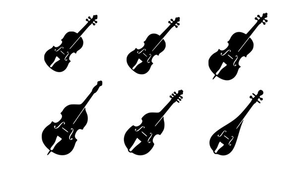 Modern Bowed String Instruments Collection with Black Silhouette Vector Art