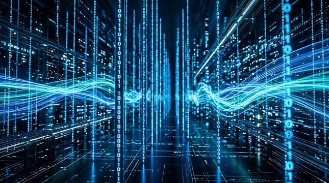 Abstract network visualization with glowing blue light data streams and binary code technology abstract information computing