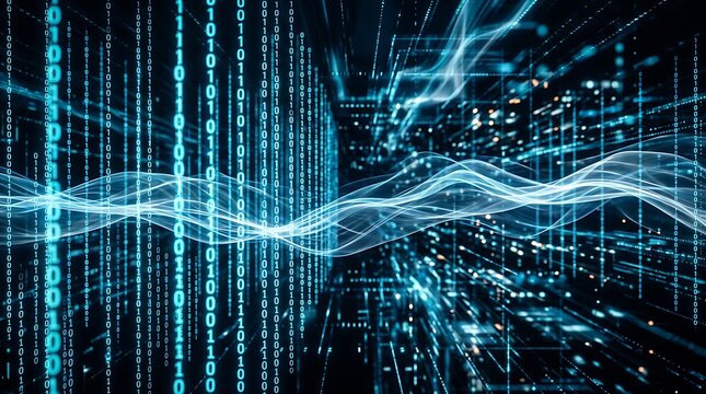 Abstract digital data flow background with glowing blue light particles and binary code streams technology abstract information