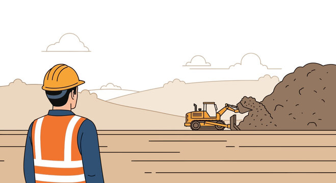 Construction worker in hard hat and vest supervises bulldozer at dirt pile