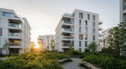 Fototapeta premium Modern White Apartment Buildings in a Landscaped Residential Complex at Sunset with Sunburst