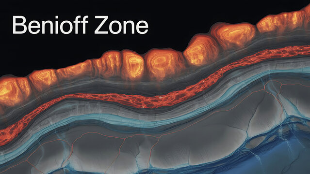Benioff Zone subduction zone crosssection with orange and blue layers on black background
