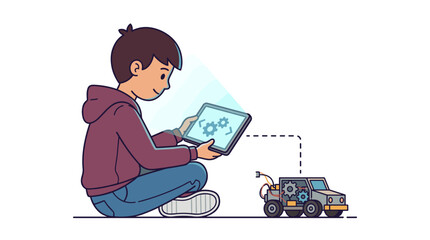 Fototapeta premium Young boy controlling a robot car with a tablet computer showing gears and settings