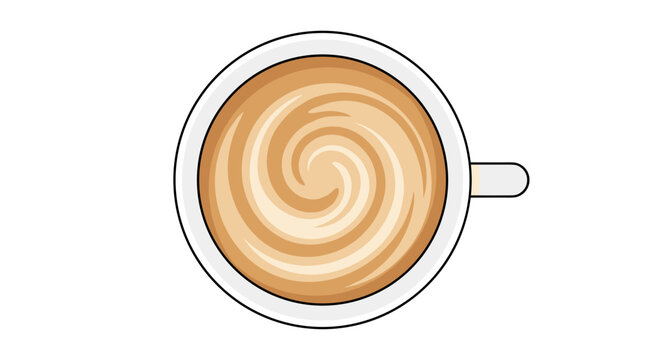 Top view of a latte coffee with a swirl pattern in a white cup