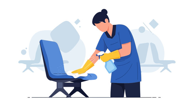 Cleaner in yellow gloves sanitizes blue chair in waiting area, hygiene concept