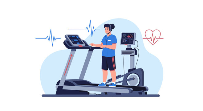 Cardiology Stress Test: Patient on Treadmill with ECG and Heart Monitor