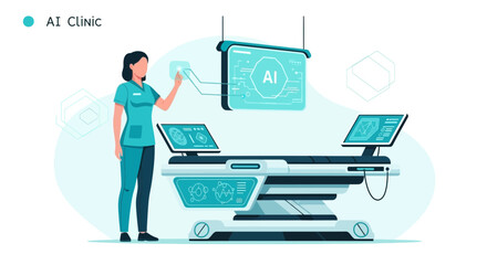 Fototapeta premium AI Clinic: Doctor Uses Futuristic Technology for Patient Observation and Vital Monitoring