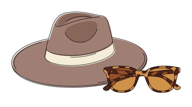 Brown fedora hat and tortoise shell sunglasses isolated on white background