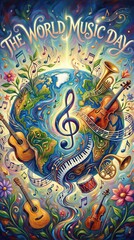 Obraz premium Earth vibrant with musical instrument including violin, guitar, piano and trumpet. Illustration for World Music Day celebration. Artistic global concept of sound harmony and art culture.
