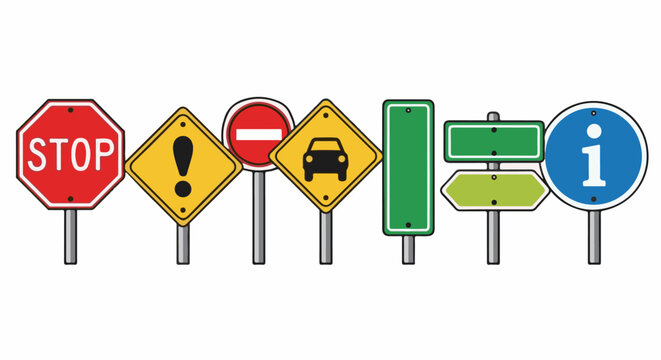 Collection of various traffic and information signs on poles