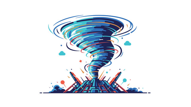 Dramatic illustration of a powerful blue tornado or vortex destroying industrial buildings and structures with debris flying in the air.