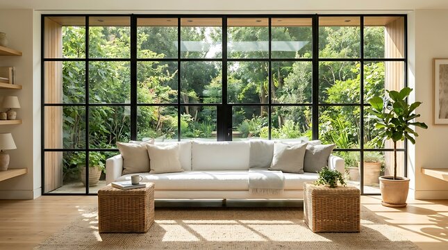 Bright living room interior featuring comfortable white sofa and industrial style large black framed window looking at trees