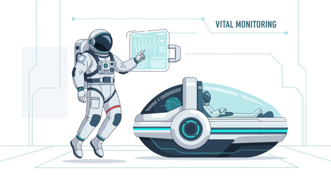 Astronaut Monitors Patient in Futuristic Medical Pod with Vital Signs Display
