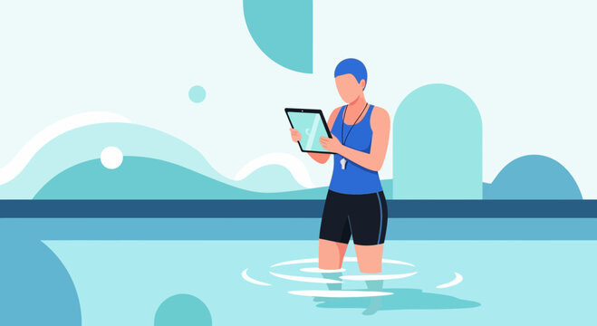Athlete with Tablet in Pool, Monitoring Health Data