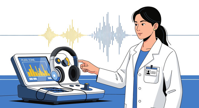 Audiologist performs hearing test with audiometer and headphones, waveform display