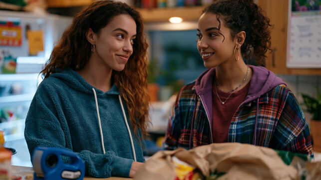 Two roommates negotiating shelf assignments in shared refrigerator, adhesive label maker on counter, grocery bags mid-unload, calendar on cabinet tracking cleaning rotation, candid multicultural kit