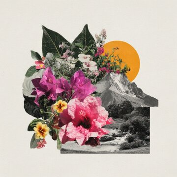 Floral mountain collage art.