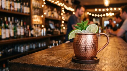 Fototapeta premium People enjoy drinks at a bar with dim lights and a copper mug filled with a cocktail sitting on a wooden table