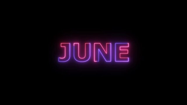 The word JUNE illuminated with bright neon lights in a gradient of pink and purple, casting a soft glow against a completely black background, presenting a contemporary and visually appealing