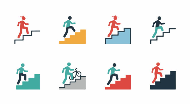 Figures ascend stairs and a bicycle rider ascends stairs in a series of icons