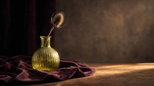 Green glass vase with dried teasel flower on dark purple velvet cloth fabric background for rustic home interior decoration still life mockup.