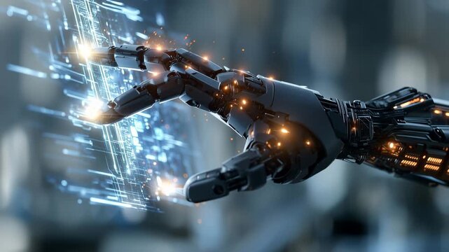 Robotic hand touching digital interface with artificial intelligence technology concept