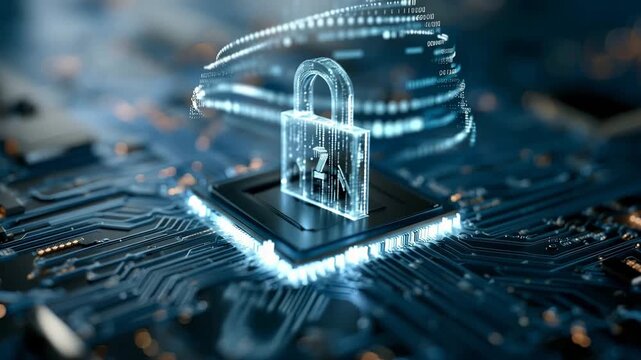 Cybersecurity digital lock on circuit board with glowing data protection technology