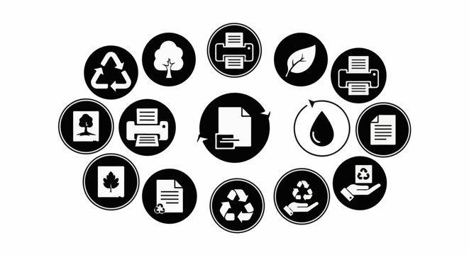 Circular arrangement of eco-friendly and printing icons with a white background