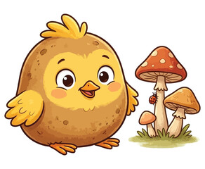Fototapeta premium Funny baby chick standing next to mushrooms and a ladybug isolated on a white background.
