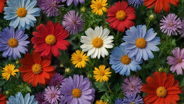 Colorful blooming flowers creating a vibrant nature background with varying daisy, aster, and zinnia varieties