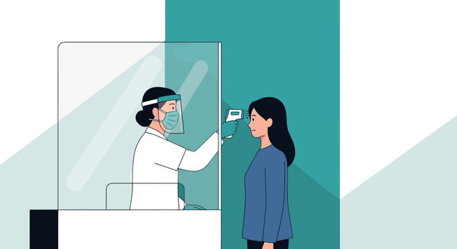 Temperature Screening at Entrance: Healthcare Worker Checks Woman's Temperature with Infrared Thermometer