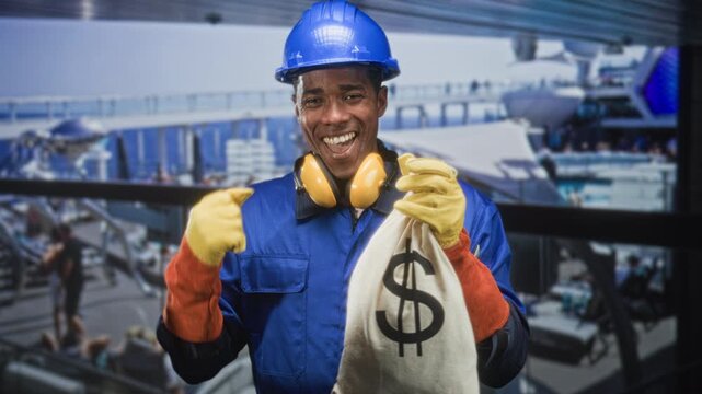 Man construction worker in blue hardhat points finger to money bag while holding sack on ship deck building; wealth confidence.