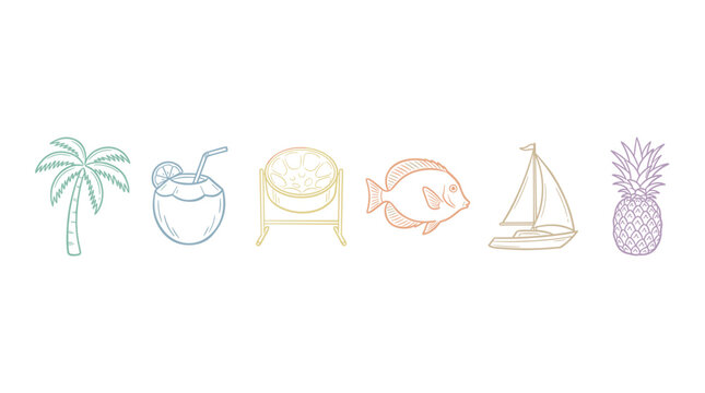 Tropical vacation elements line art illustrations featuring a palm tree, coconut drink, steelpan drum, fish, sailboat, and pineapple.