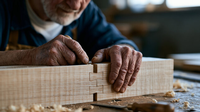 Elderly craftsman with weathered hands shaping dovetail joints in hardwood cabinet panel, wood furniture crafting workshop, artisan joinery tradition, skilled trades pride, small
