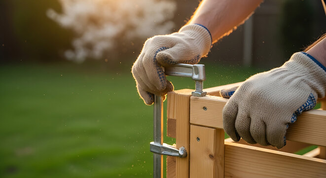 Carpenter gloved hands adjusting heavy duty metal F-clamp tool on corner of handmade wooden raised garden bed framework. Sharp focus industrial photography with golden hour backlight.