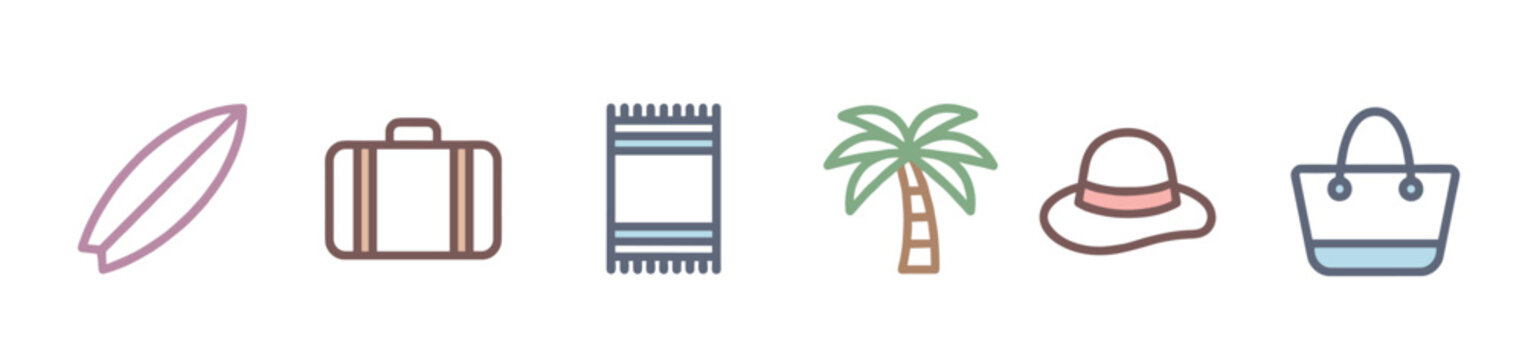 Surfboard suitcase towel palm hat bag icons depicting various essential items for a relaxing summer vacation, tropical beach getaway, or travel adventure.
