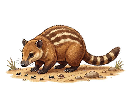 South american coati animal hunting ants on ground cartoon vector wildlife illustration art.