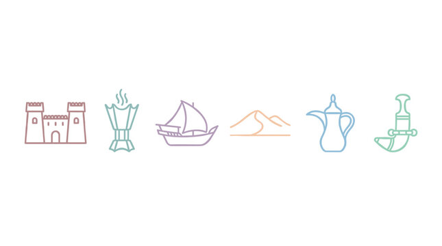 Middle Eastern cultural icons depicting castle, incense burner, dhow boat, desert dunes, traditional coffee pot, and ceremonial dagger in a colorful outline style.