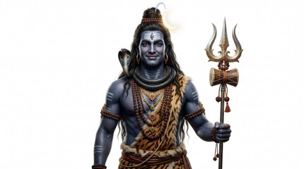 Obraz premium Majestic Hindu God Shiva Portrait with Sacred Symbols and Divine Aura Isolated on White Background