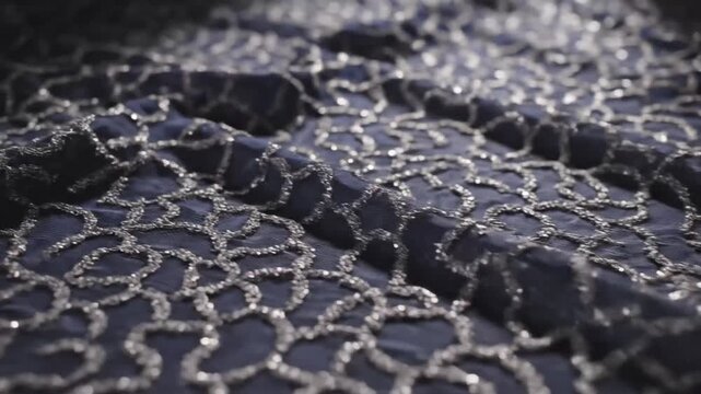 Dark blue luxury fabric with intricate silver thread embroidery pattern