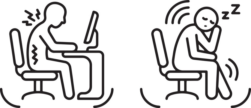 Web, Work fatigue icon set showing a stick figure experiencing back pain while typing on computer and sleeping while sitting on office chair for corporate health topics